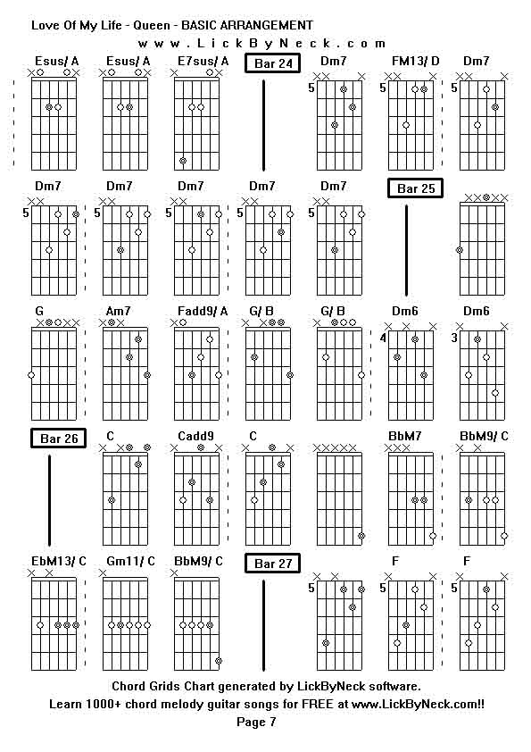 Chord Grids Chart of chord melody fingerstyle guitar song-Love Of My Life - Queen - BASIC ARRANGEMENT,generated by LickByNeck software.